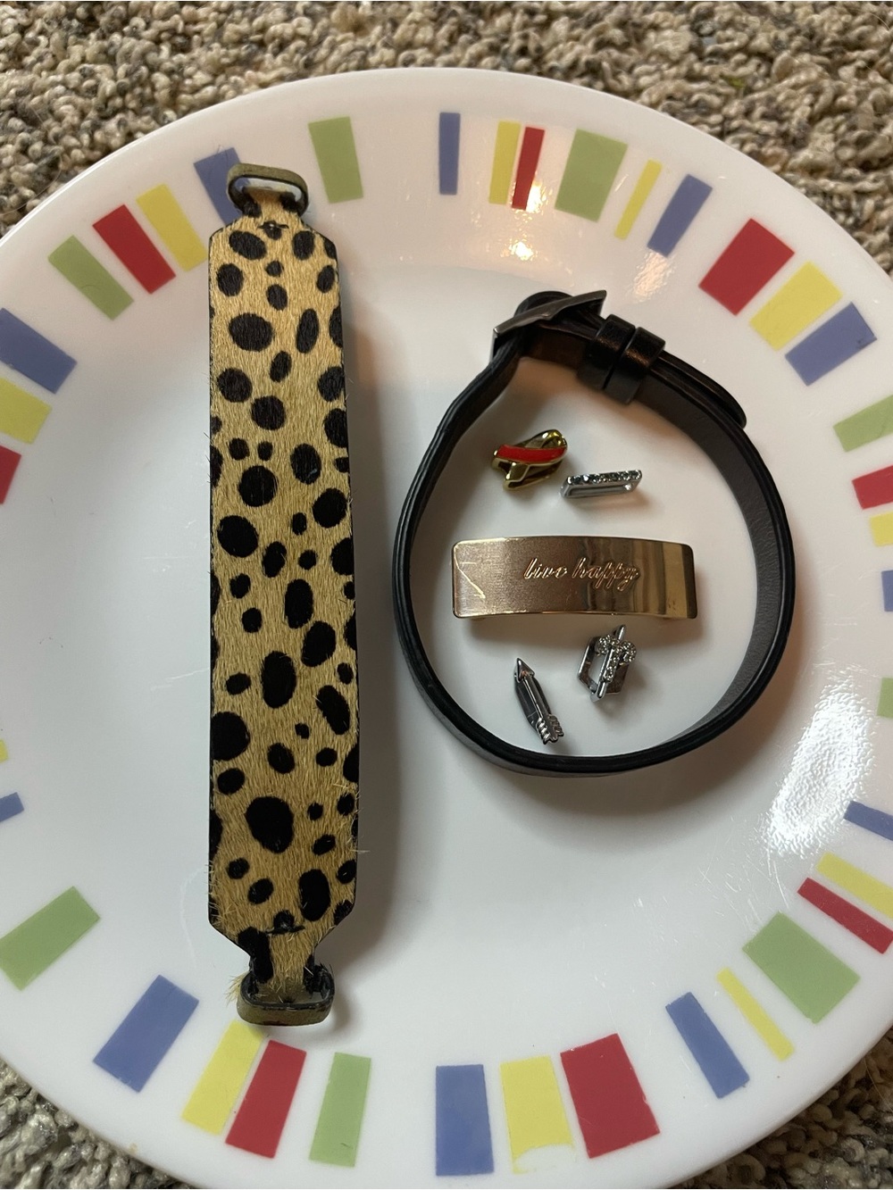 Leopard Print Wrist Strap and Black Bracelet Set with Five Slide Charms